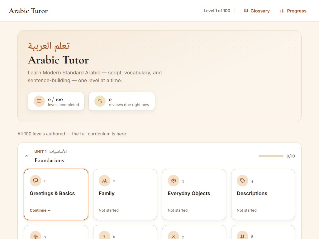 Arabic Tutor showing the Unit 1 Foundations lessons and a levels-completed progress panel