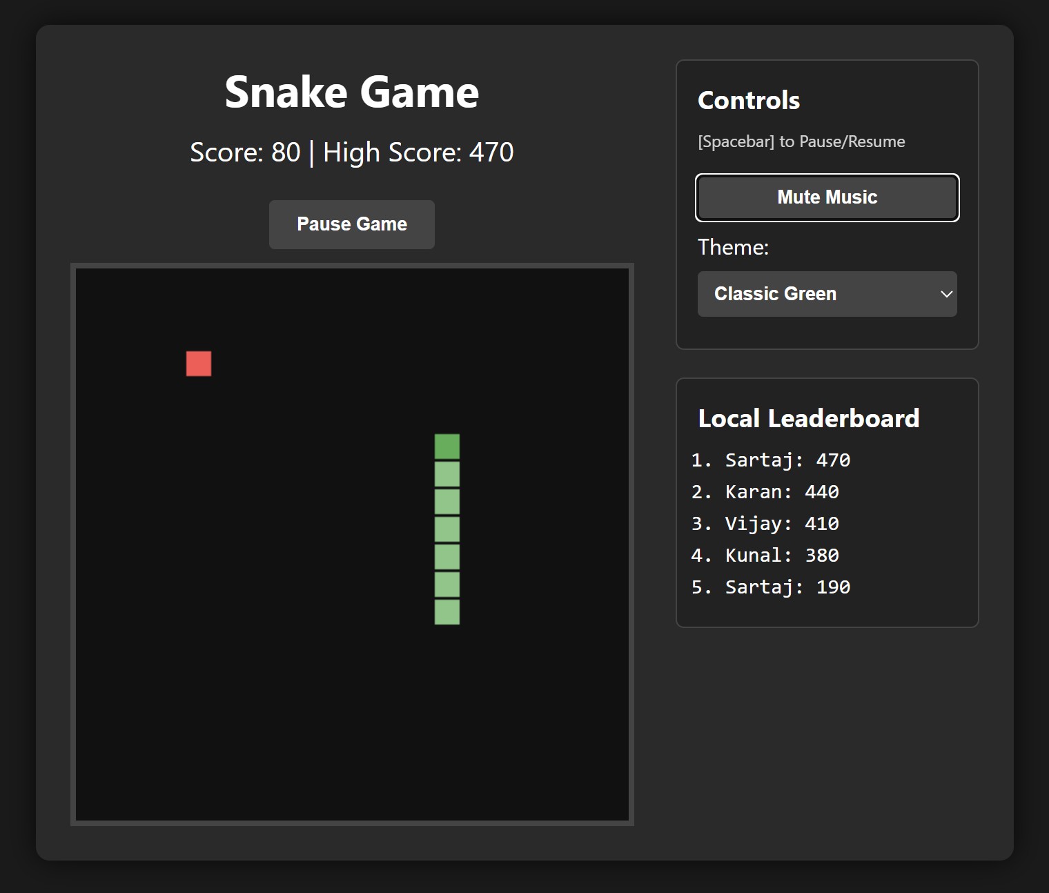 Classic Snake Game interface with score, theme selector and local leaderboard