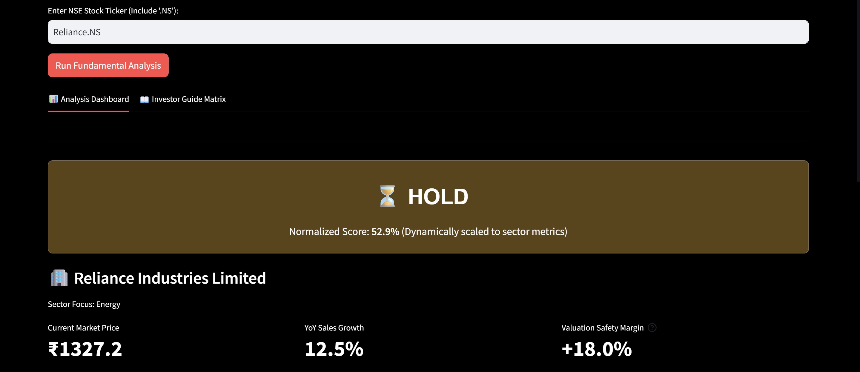 Stock Screener dashboard showing a fundamental analysis score for an NSE stock