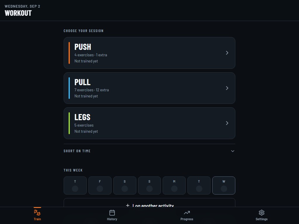 Workout Tracker home screen showing Push, Pull and Legs sessions above the week's training grid